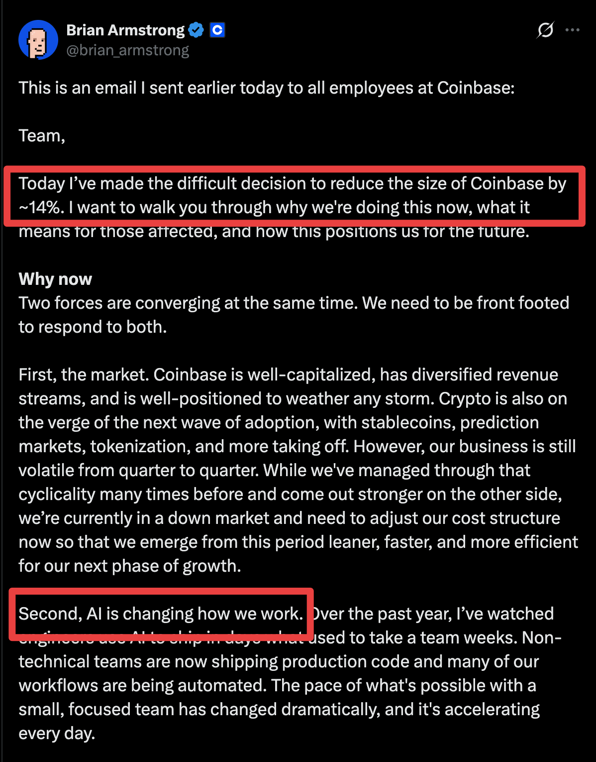 Brian Armstrong — Coinbase layoffs, AI is changing how we work