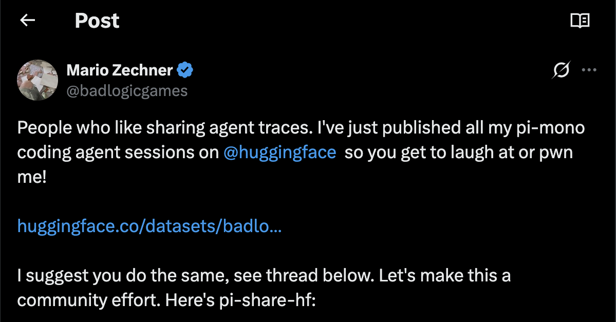 Mario Zechner sharing agent coding sessions on Hugging Face